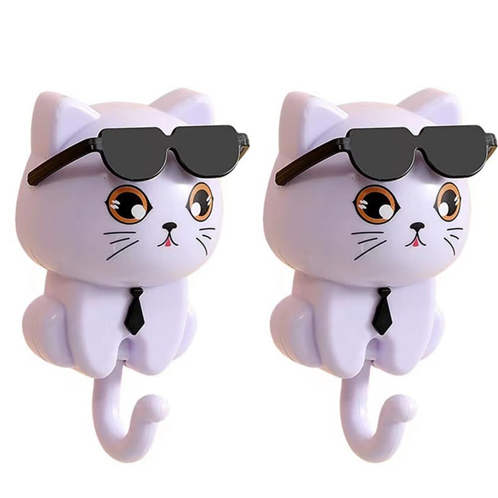 Littimoon Cute Cat Key Hook, Cat Keychain, Kitten Coat Hook, Cute Sunglasses Cat Sticky Coat Hook, Coat Wall Hook