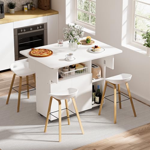Ztexkee Mesa de Comedor Plegable Mesa de Cocina con Ruedas 1 Armario Grande y 3 Compartimento Abierto Aparador móvil Mesas para Espacios pequeños Comedor Cocina 100 x 70 x 79 cm Blanco
