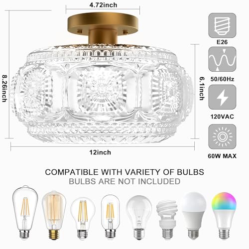 Image of 12 Inch Globe Glass Semi Flush Mount Ceiling Light Fixture, Gold