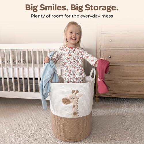 Image of Giraffe Baby Laundry Basket, Tall Woven Rope Nursery Hamper, 20x15 in | Baby Clothes Hamper, Blanket Basket, Toy Storage, Soft Felt Animal Patch, Safari Nursery Decor, Shower Gift, Kids Room