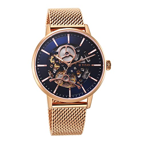 Image of Titan Slimline Mechanical Midnight Blue Dial Rose Gold Stainless Steel Strap Watch for Men - NT90159WM01