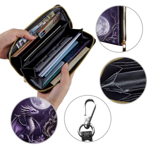 Image of Women's Wallets Credit Card Holder Money Leather Long Wallet | Long wallet with Wristlet,Large Capacity with Zip-Around Phone Purse for Women Ladies Girls,Purple Dragon Moon