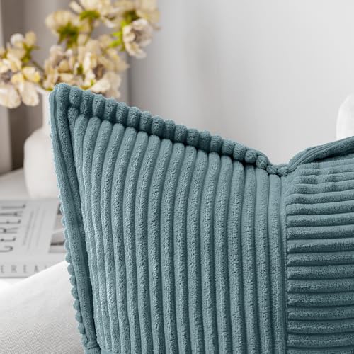 Image of MIULEE Decorative Throw Pillow Covers for Couch Bed Livingroom 20x20 Inch Set of 2 Dusty Blue Boho Accent Throw Pllows Broadside Striped Patchwork Soft Corduroy Summer Coastal Pillowcases