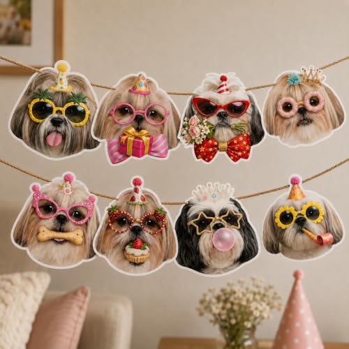 Image of Shih Tzu Birthday Banner, Dog Party Decorations Garland Shih Tzu Gifts | 8 Unique Shih Tzu Faces, Pre-Strung , Easy to Hang