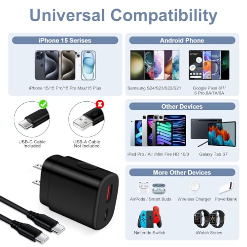 USB C Samsung S24 Ultra Fast Charger for Samsung Galaxy S24 Plus S23 FE S22 Plus S21 S20 A55 A53 A15 A14 A13 C55, Note 20,iPhone 15 Pro Max Plus,25W Dual Port Type C Fast Charging Block with 6FT Cable