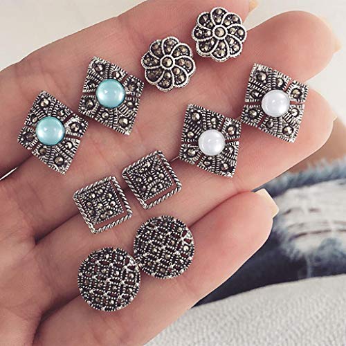 Conifor Boho Gemstone Earrings Set Silver Flwer Ear Stud Cutout Earring Jewelry for Women and Girls