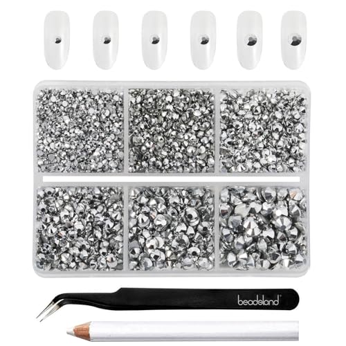 Image of Beadsland 4300pcs Flatback Rhinestones,Silver Rhinestone Nail Gems Round Crystal Rhinestones for Crafts,Mixed 6 Sizes with Picking Tweezers and Wax Pencil Kit, SS6-SS20,Silver Hematite