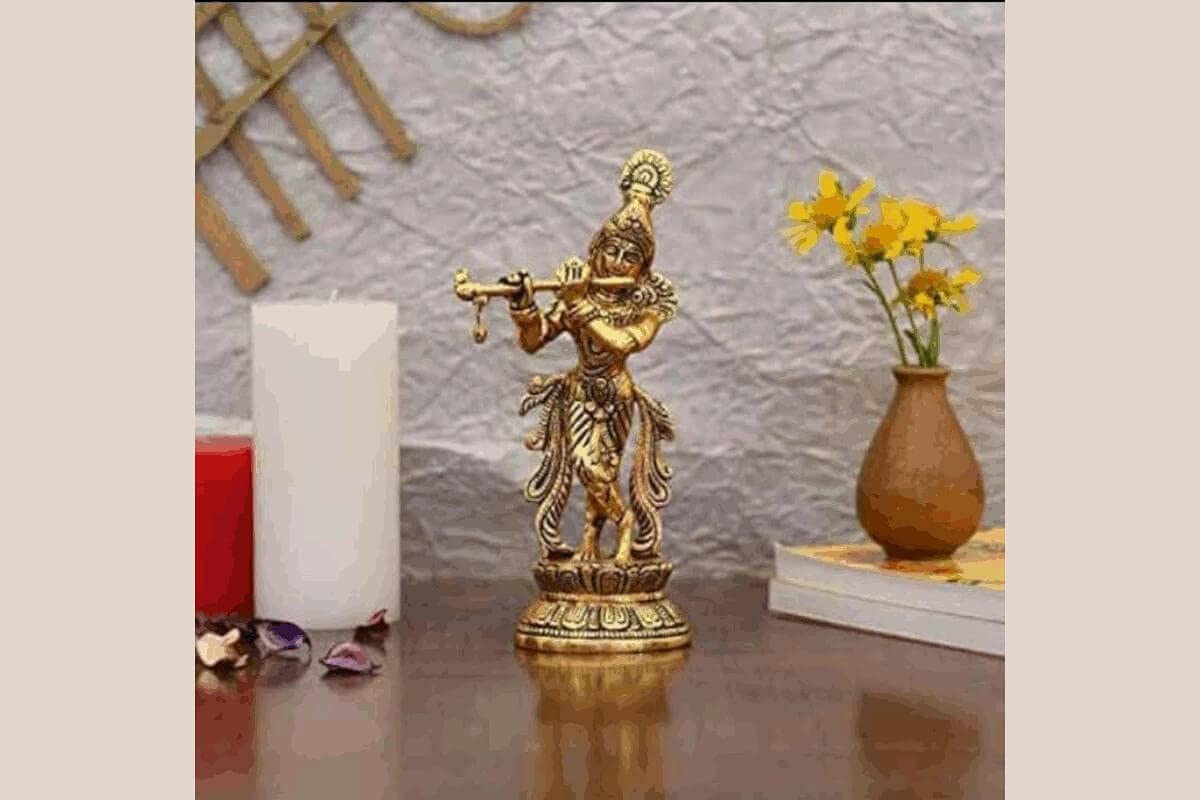 Puja Celebrations Krishna with Bansuri Flute | Show Piece Item | Home Decor | Gift Item | Size: Height : 9 inches Breadth : 3 inches Material: White Metal with Gold Oxidised