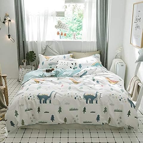 BuLuTu Dinosaur Kids Bedding Sets Twin Cotton,3 Pieces Premium Soft Reversible Dino Forest Print Teen Boys Girls Twin Duvet Cover Set Cotton with Zipper Closure and Ties,NO Comforter Cover