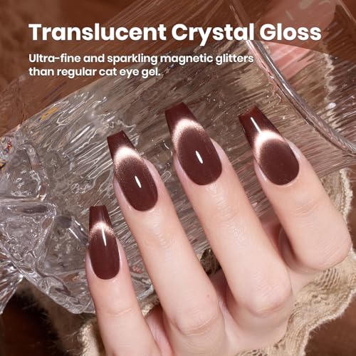 Image of Beetles Brown Cat Eye Gel Nail Polish - Cinnamon Girl Cat Eye Gel Polish, 15ML Glitter Brown Magnetic Gel Polish Jelly Sheer Translucent Effect Soak Off UV French Nail Art Manicure Gift for Women