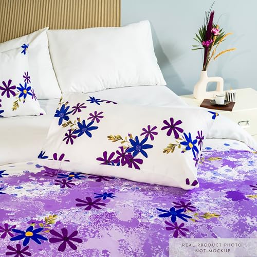 Image of Digitally Printed with Reactive Ink Tech | 300 TC 100% Organic Cotton Premium Bedsheet Set | Ultra-Soft Satin-Like Finish - Floral Purple Paradise