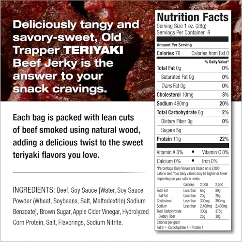 Image of Old Trapper Beef Jerky, Teriyaki 8 Ounce Individual Pack, Tender Meat Snack for Lunches or Between Meals, 11 Grams of Protein, Zero Grams of Fat, and 70 Calories per Serving (Pack of One)