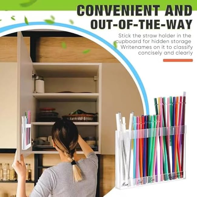 Large acrylic straw holder - strong adhesive double-sided tape, suitable for cabinet doors, countertops, and space saving straw storage containers, storage distributors (black)