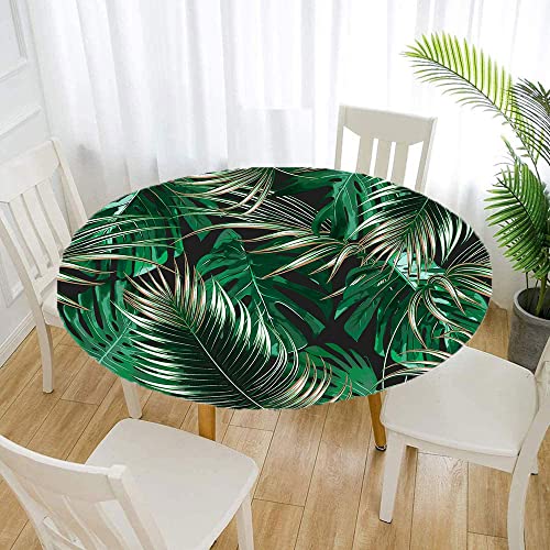 Monstera Leaves Round Table Cloth, Elastic Edge, Waterproof And Wipeable, Suitable For Wedding/Banquet/Restaurant/Party, Fit For 28" Table #TOP1