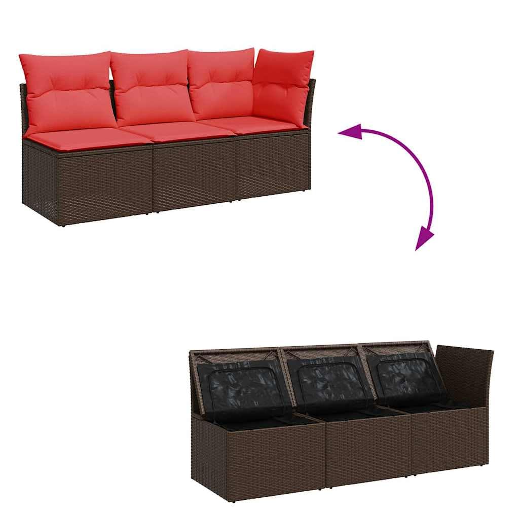 vidaXL Canapé de jardin avec coussin, 3 places, avec compartiment de rangement sous assise, avec housse amovible et lavable, meubles de jardin, meubles de terrasse, en polyrotin marron