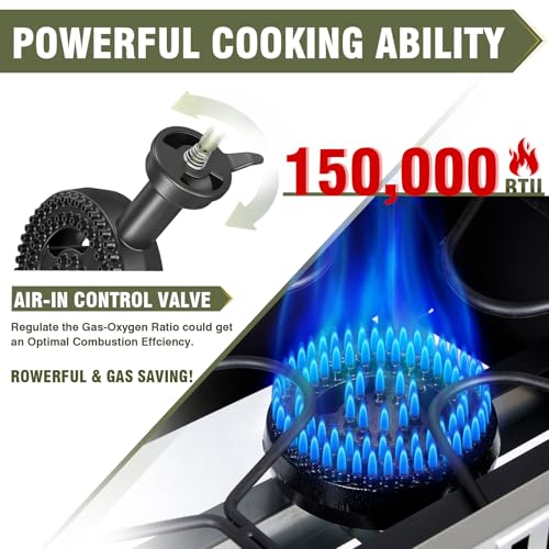 Bestfire 2 Burner Propane Stove Outdoor Camping Gas Stoves 150,000 BTU Auto Ignition with Regulator and Side Shelves Perfect for Patio Home Cooking and Frying