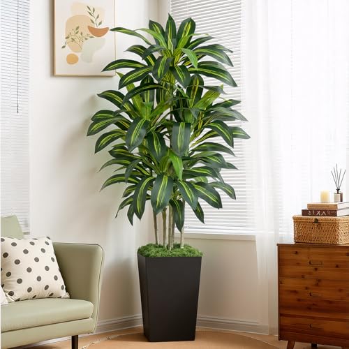 Image of 6FT Artificial Dracaena Tree - High-Density Foliage Fake Plant with Black Tall Planter - Faux Yucca Floor Plant for Home Office Decor Indoor