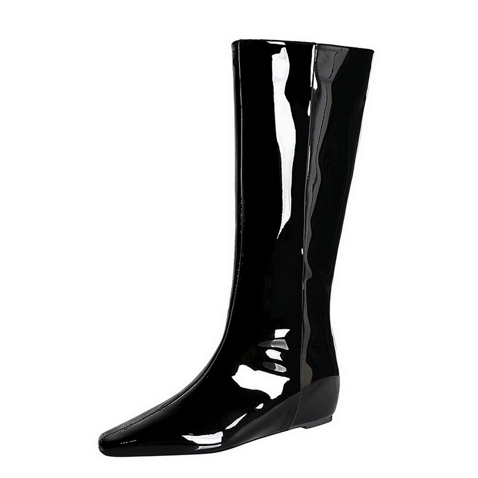 Womens Patent Leather Flat Knee High Boots with Back Zipper Sexy Comfort Pointed Toe Internal Height Increase Wedge
