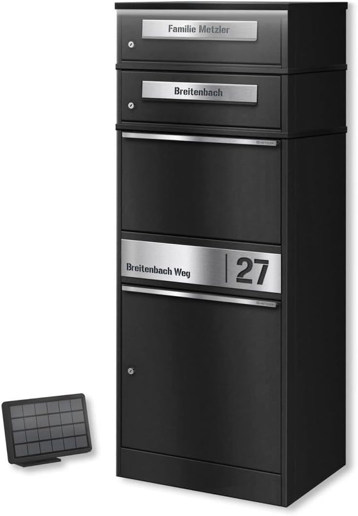 LED Illuminated Parcel Letter Box with Name Engraving, Solar Powered and Lockable, Black with Engraving, Weatherproof and Freestanding, with Two Letter Boxes, Space Saving for DHL M Parcels