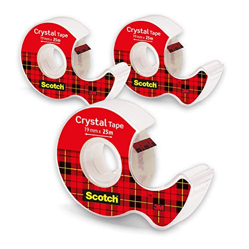 Scotch Crystal Transparentes Klebeband, 19mm × 25m, 3 Handabroller mit Rollen/Packung