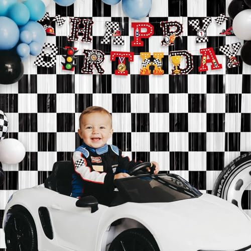 Image of Tiamon 2 Pack Race Car Party Decorations 3.3 x 6.6 Ft Foil Fringe Curtains Backdrop Black and White Checkered Tinsel Streamers Photo Booth for One Happy Dude Birthday Party Supplies