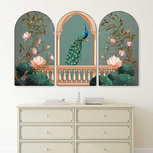Image of Livin'luxe Peacock Wall Art | Set of 3 MDF Panel Paintings | Lotus Floral & Balcony Palace Theme Decorative Wall Hanging for Living Room, Bedroom & Home Interiors