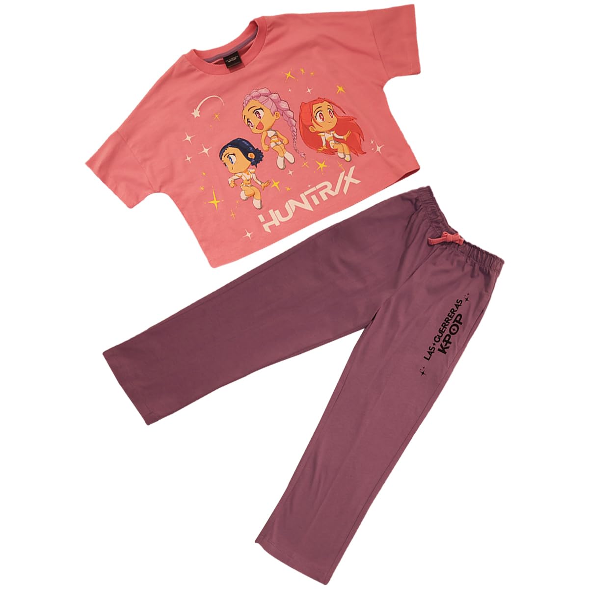 E-FASHION Pijama Niña KPOP Guerreras Chibi Conjunto Playera Manga Corta y Pantalón Algodón Salmón, Pijama Juvenil Moderna, Cómoda, Ropa para Dormir Set 2pzs (MX/US, Numérica, 12, Niña, Salmón)