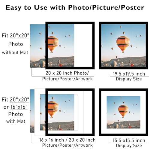Image of JCJMY 20x20 Picture Frame Black with 16x16 Mat, Display Photo 16x16 with Mat or 20 x 20 Without Mat, Wall Hanging Large 20x20 Poster Frame with Shatter Resistant Plexiglass, Black