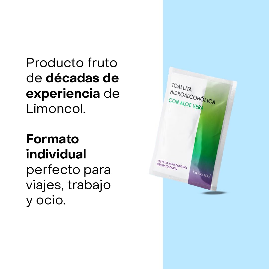 Toallitas Hidroalcohólicas con Aloe Vera, Sobres Individuales, Higiene de Manos sin Aclarado, Mínimo 70% Alcohol (100 unidades)