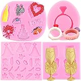 Mujiang Love Wedding Anniversary Engagement Silicone Molds Champagne Wine Glass Ring Wedding Dress Fondant Mold For Cake Decoration Candy Chocolate Polymer Clay Gum Paste Set Of 4