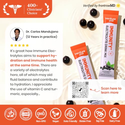 Image of Venture Pal Sugar Free Hydration Packets+Immune-Liquid Daily IV Drink Mix | Electrolyte Powder with 7 Electrolytes & 6 Vitamins, Probiotics + Elderberry | Non-GMO, Keto Friendly, Vegan | 16 Sticks