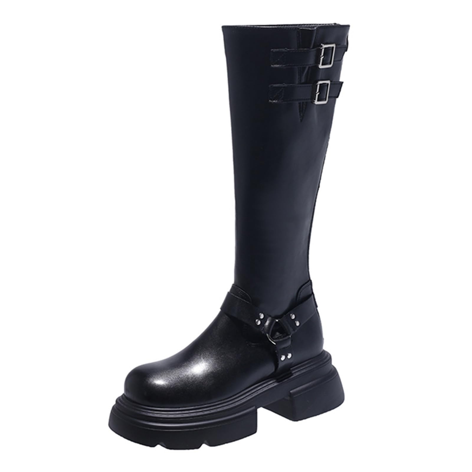 Womens Knee High Boots Chunky Wedge Heel Combat Boots Comfortable Fashion Adjustable Strap Wide Calf Long Boot for