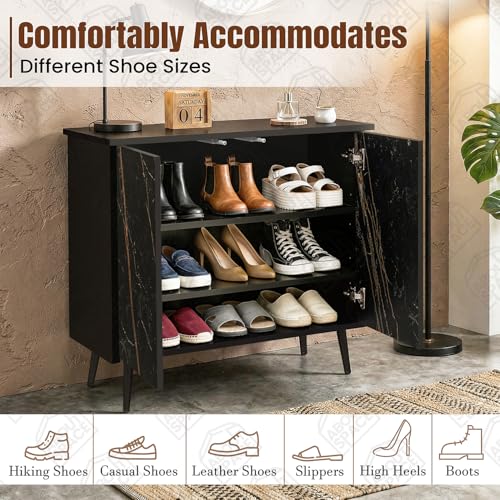 Image of ABOUT SPACE 3 Tier Shoe Rack with Door | Press Open 2 Door Engineered Wood Shoe Stand for Home | Adjustable Shelf Raised Legs 9-12 Pair Shoes Storage Cabinet Chappal Stand |Black & Black Marble