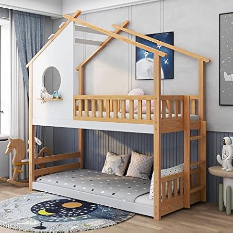 KecDuey Litera de 90 x 200 cm con escalera en ángulo recto y protección contra caídas (blanco) Cover