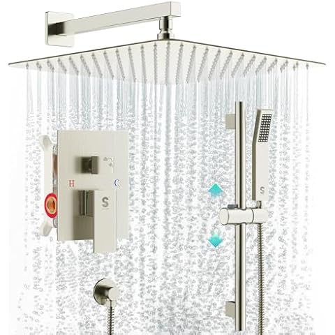 SR SUN RISE 12 Inch Square Shower System, Rain Shower Head and Slide Bar Handheld Shower Faucet Wall Mounted Combo Set Included Valve and Trim Kit for Bathroom, Brushed Nickel Cover