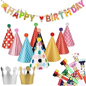 Feesthoedjes voor verjaardagen, kinderverjaardagen, feesthoeden, luchtrood, fluitje en Happy Birthday-banner…