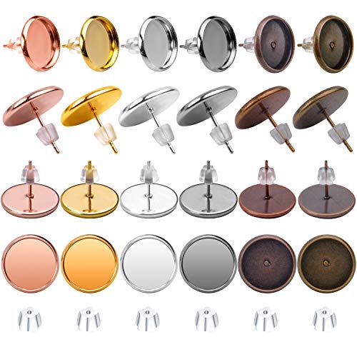 Aylifu Earring Cabochon Settings, 60Pcs Stainless Steel Blank Stud Earring Bezel Post Cup Fit For 12Mm Cabochon With 60Pcs Clear Earring Backs For Jewelry Making - 6 Colors #TOP4