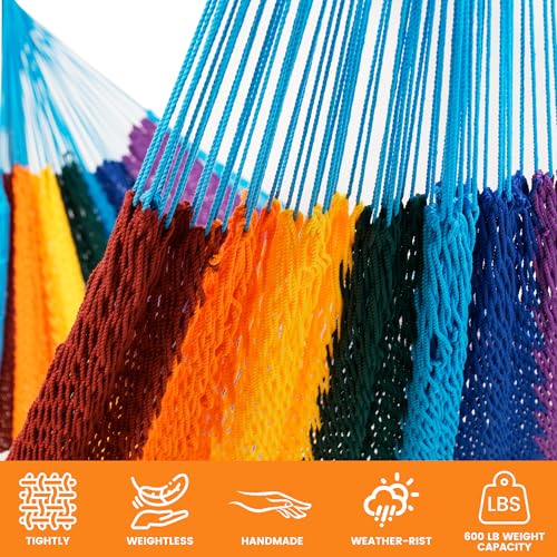 Image of Lazy Daze Hammocks Handwoven XL Mayan Hammock, 10.5 FT Soft Rope Double Hammocks, Portable Outdoor Hammock with Carry Bag, 2 Straps & Carabiners for Patio Outside, 550 lbs Weight Capacity, Rainbow