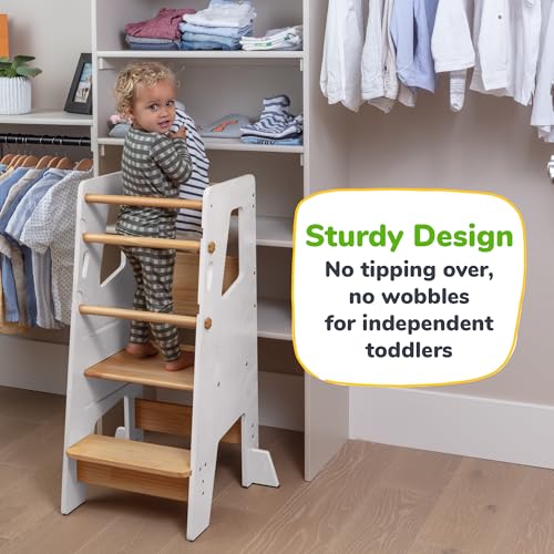 Toddler Standing Tower - Complete Toddler Kitchen Stool Helper - Ideal Kids Kitchen Step Stool for Learning New Skills - Updated Design with Safety Feet - White