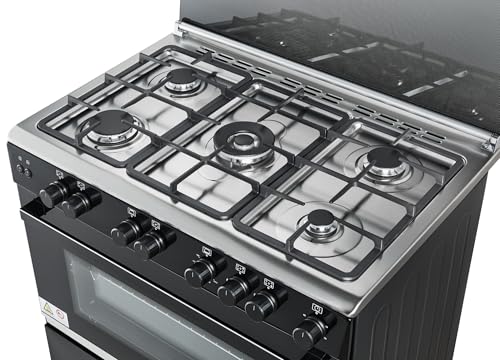 هوفر 90x60 موقد غاز كامل مع 5 شعلات غاز (1 ووك)، أمان كامل، فرن غاز وشوايات، اشعال تلقائي، دعم من الحديد الزهر، مروحة حرارية مزدوجة، باب زجاجي مزدوج، ضمان لمدة عام واحد، أسود - HGC-G95G-RB