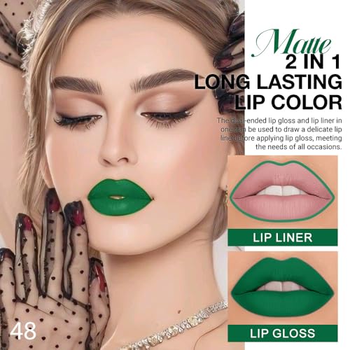 Image of evpct 1Pcs Forest Green Matte Lip Liner & Liquid Lipstick Stain Makeup Set for Women, Green Lip Liner Stain Long Lasting Waterproof Smudge Proof, Cruelty Free Lip Stick Makeup 24 hours originales, 48