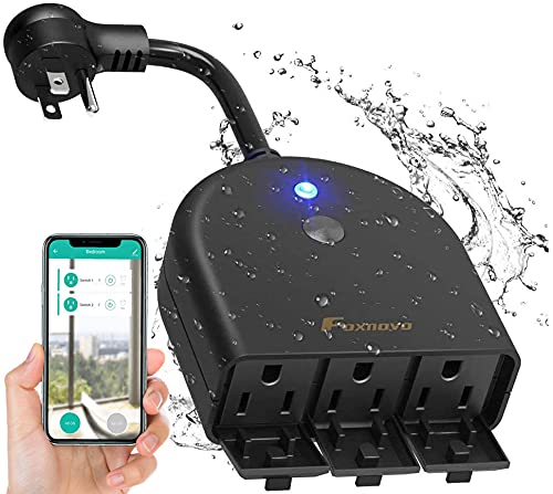 Outdoor Smart Plug, Foxnovo Outdoor Smart Outlet with 3 Waterproof Socket Wi-Fi Plug Wireless Remote Control Voice Control Timer Outlet, Compatible with Amazon Echo/Alexa and Google Home with US Plug