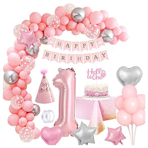 Decoración Cumpleaños Niña 1 año Rosa, Globos de Cumpleaños 1 año Niña Decoracion Feliz Cumpleaños Globo Número 1 Rosa Adornos Cumpleaños Mantel Torta para Infantil Niña Primera Fiesta de cumpleaño