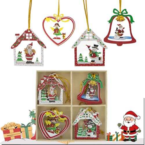 CHEERYMAGIC Wooden Christmas Tree Decorations, 12PCS Christmas Tree Ornaments Set with Storage Box, Natural Wood Holiday Hanging Ornaments for Xmas Home Party Decorations A11SDGJCH