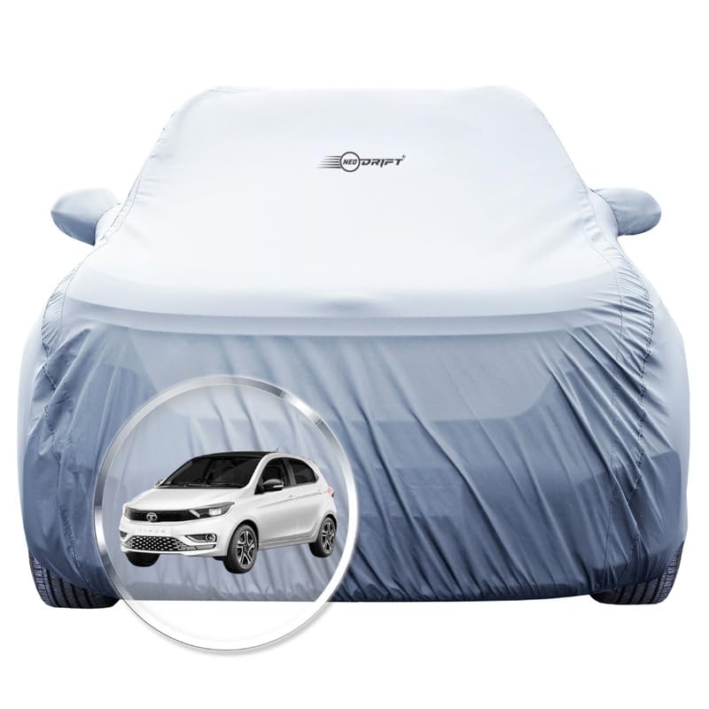 Image of NEODRIFT 'SilverTech' Car Cover for Tata Tiago (Precision-Fit & Breathable Fabric, 100% Water-Resistant, All Weather Protection, Tailored Fit) (Colour: Silver)