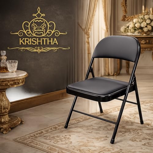 Image of Metal Folding Chair with Soft Cushioned Leatherette Seat | Foldable Chair for Home, Office, Study, Balcony, Kitchen & Restaurant | Space Saving Portable Steel Chair | Black