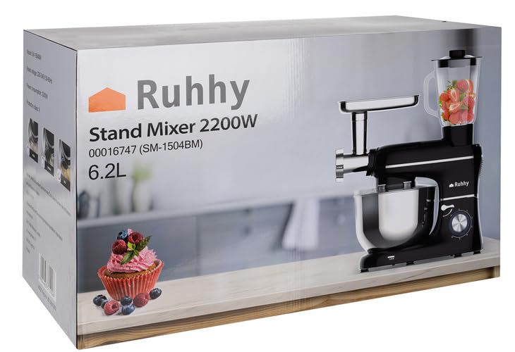 Ruhhy Robot culinaire bol en acier inoxydable 6,2 l, 2200 W - 6 niveaux de vitesse + fonction pulse appareils de cuisine pour gâteaux et pain avec accessoires de cuisson pour les chefs 16747