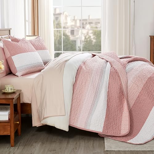 Image of Andency Queen Quilt Bedding Set Blush Pink, 3 Pieces Patchwork Summer Striped Ultra Soft Lightweight Bedspreads, Coverlets Set with 2 Pillow Shams for All Seasons (90 inchx96 inch)