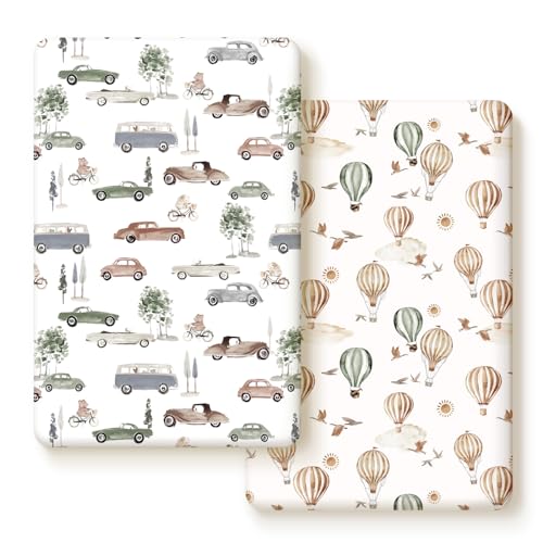 Image of Pack n Play Sheets Fitted 2 Pack, Stretchy Ultra Soft Jersey Knit Pack and Play Sheets, Universal Fitted Portable/Mini Crib Mattresses Snug and Safe, Stylish Cars Print for Boys and Girls