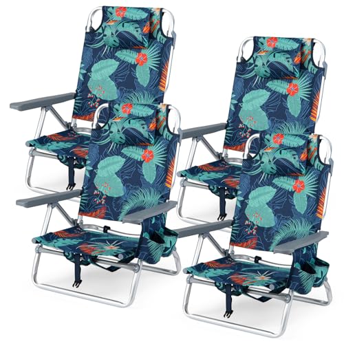 Goplus Beach Chair, 4 Pack Folding Backpack Beach Chairs for Adults with 5 Positions, Head Pillow, Cooler Bag, Towel Bar, Cup Holders, Sunbath Sling Tanning Lounge, Folding Layout Camping Chairs